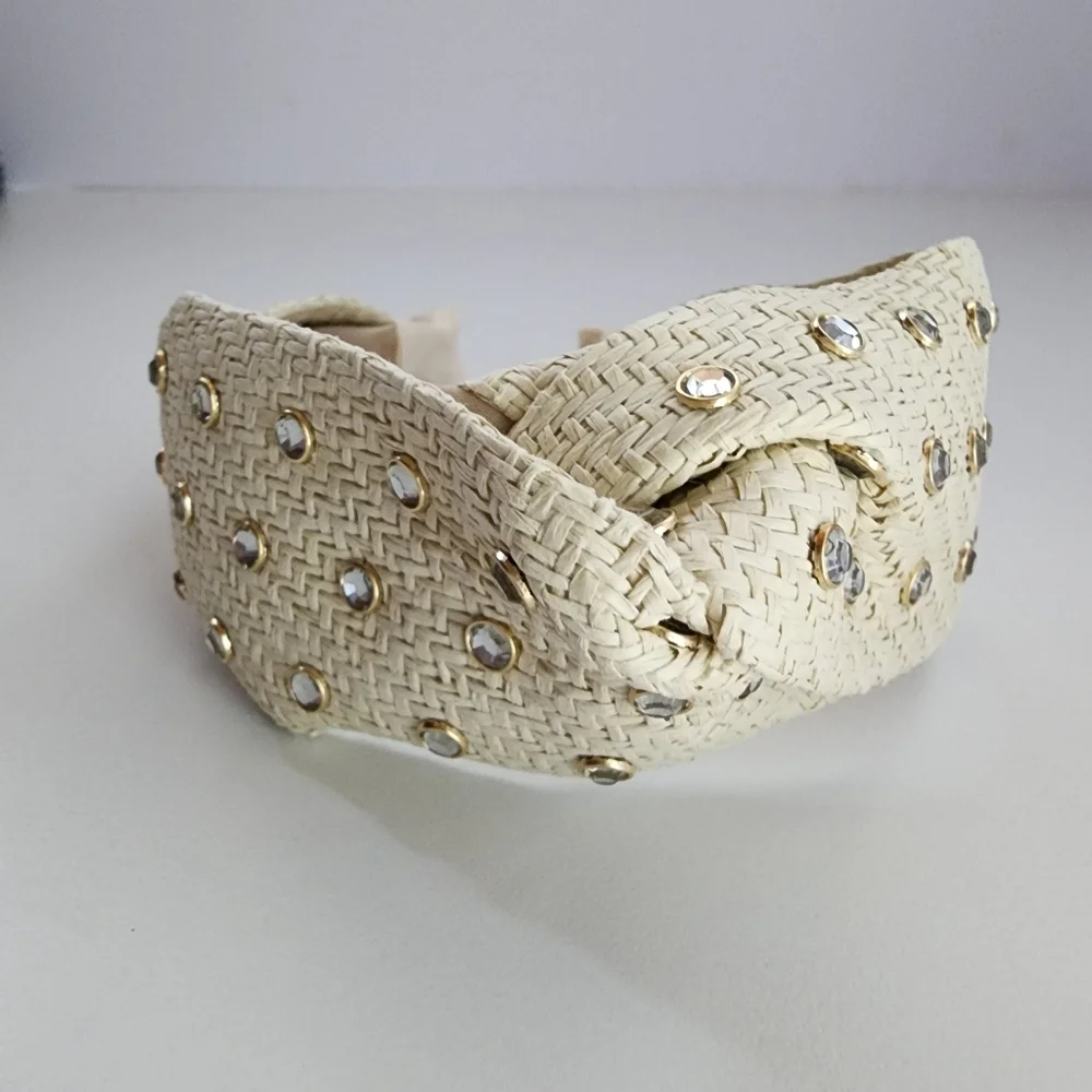 112. Natural Cream Stone Embellished Straw Twisted Headband